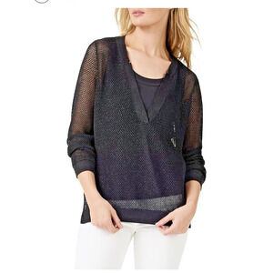 Nic+Zoe Black Onyx Mesh Stitch Knit Sweater Small Lightweight NWT
